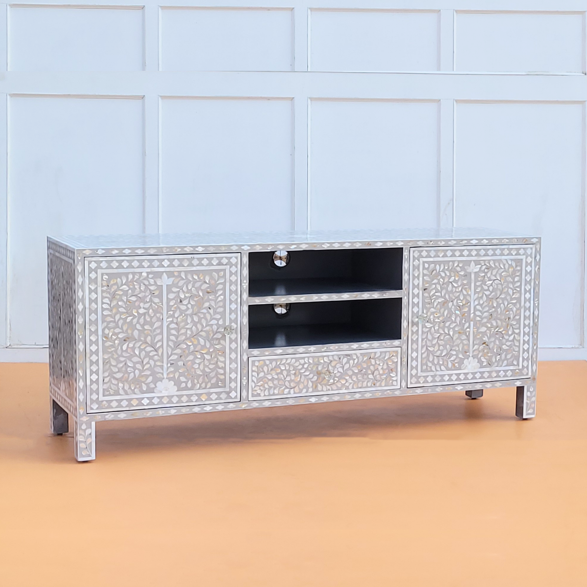 Meher Mother of Pearl inlay 2 Open Shelves and 2 Side Cabinet Media Console