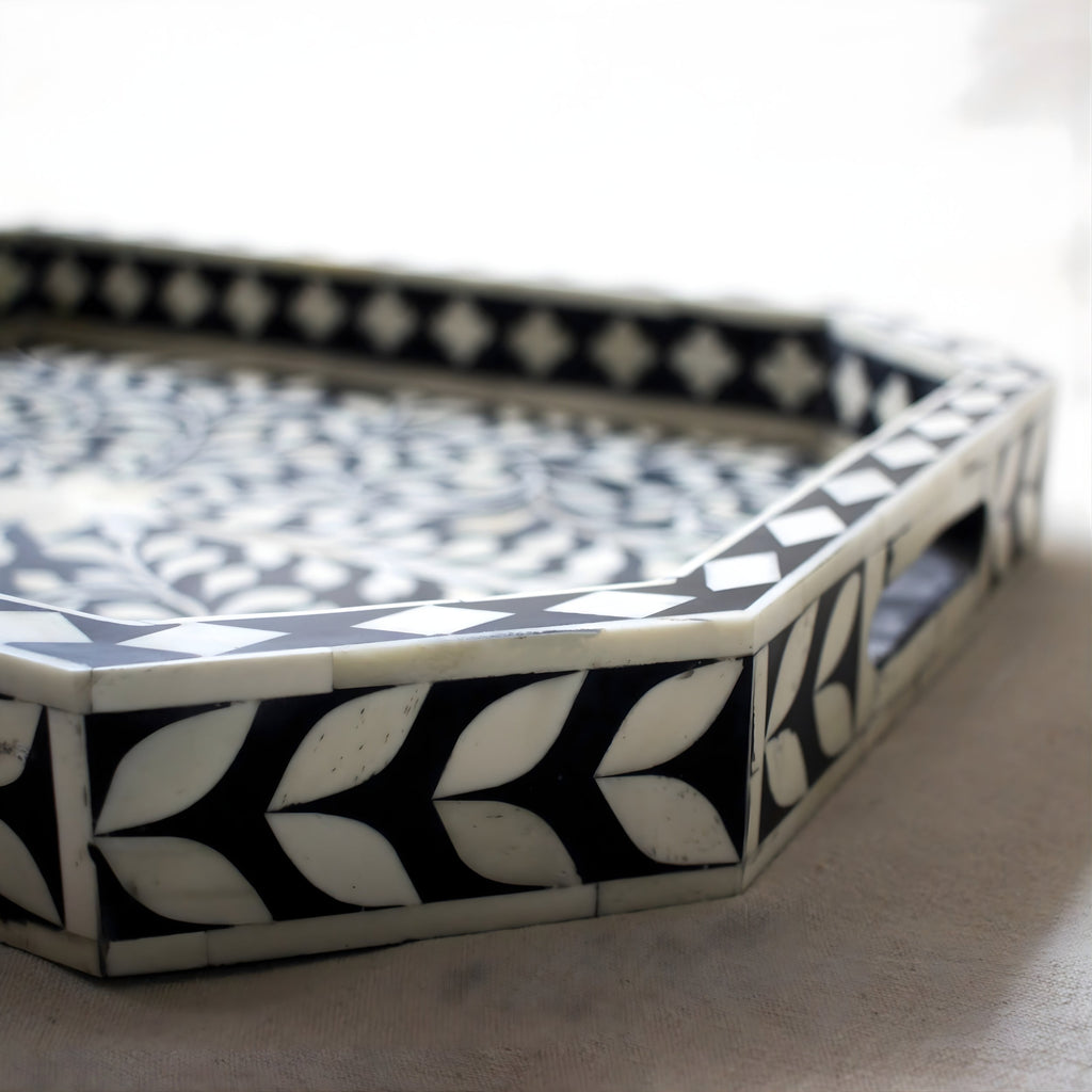 Rajdhara Handcrafted Black & White Bone Inlay Tray - Floral Finish