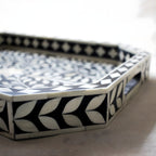 Rajdhara Handcrafted Black & White Bone Inlay Tray - Floral Finish