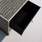 Ghoomar Black & White Geometric Bone Inlay 2-Drawer Bedside with Gold-Finish Legs