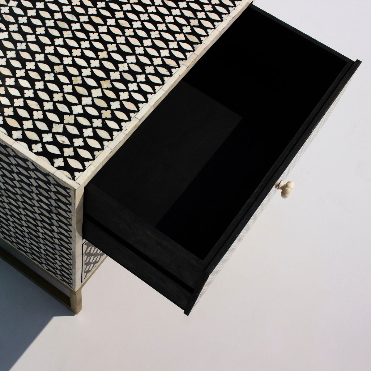 Ghoomar Black & White Geometric Bone Inlay 2-Drawer Bedside with Gold-Finish Legs