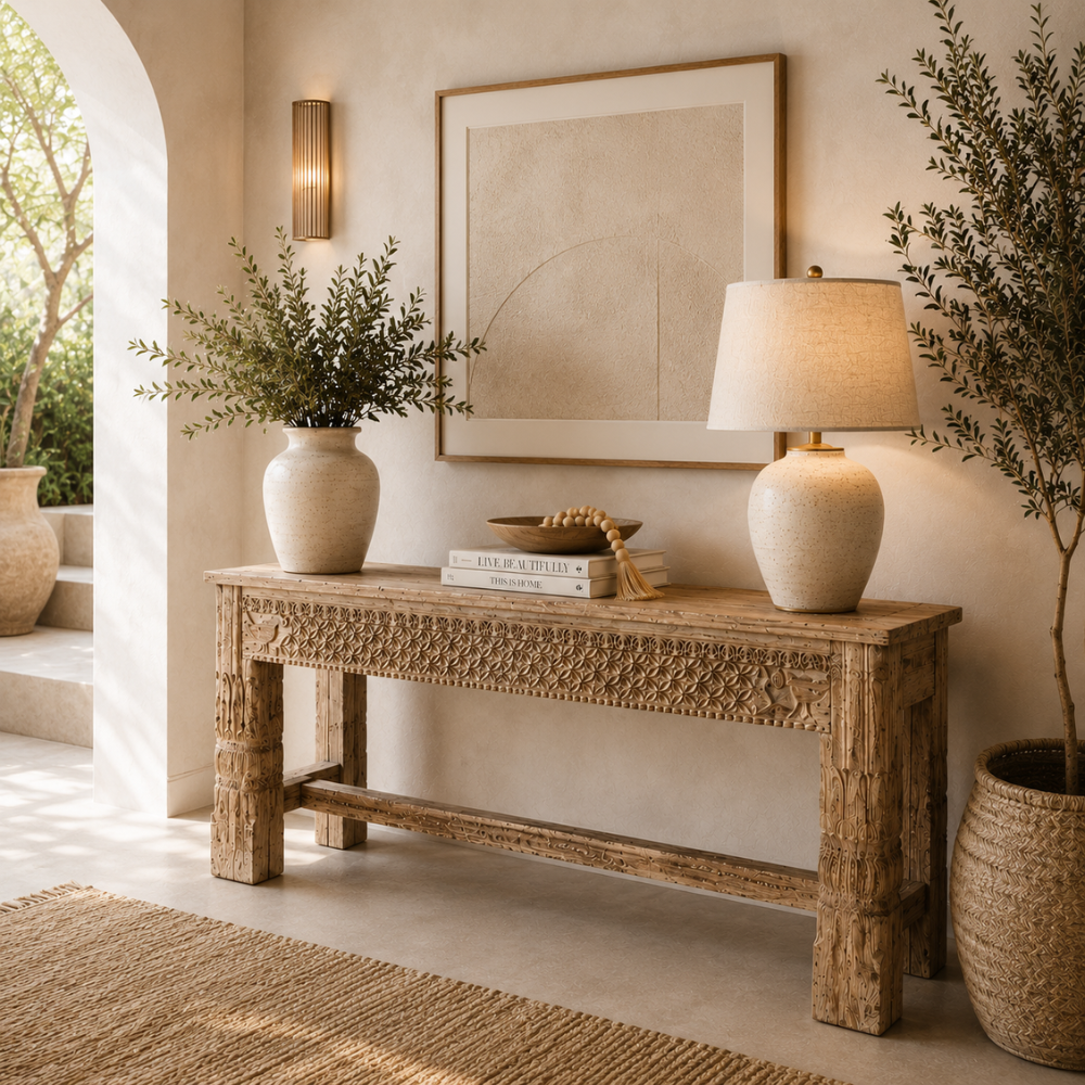 Sand Washed Mango Natural Finish Hand-Carved Console Table