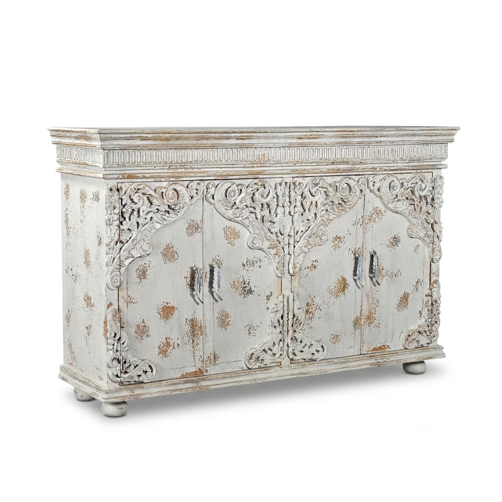 Darbar Hand Painted White Sideboard Cabinet with Crackle Finish