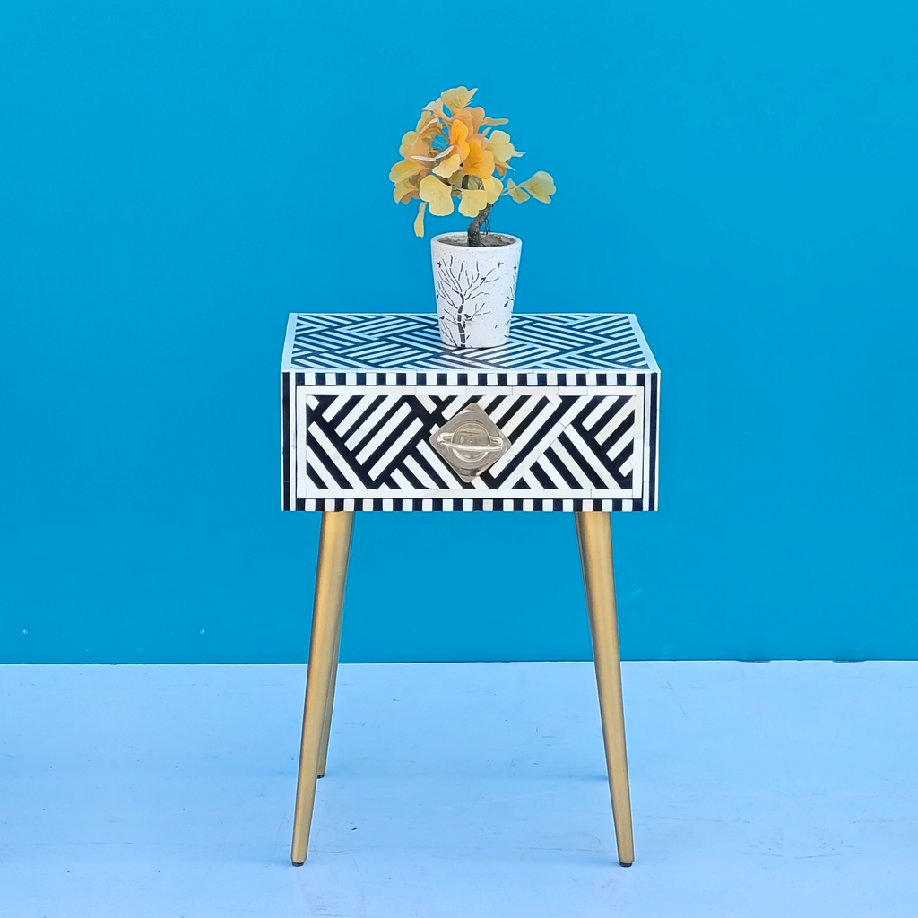 Charbagh Bone Inlay 1 Drawer Bedside Table Gold-Finish Legs