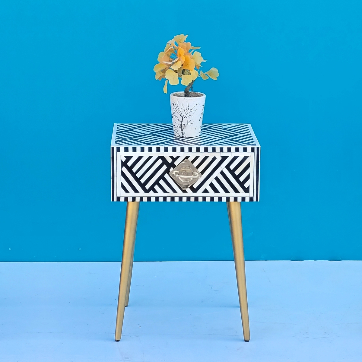 Charbagh Bone Inlay 1 Drawer Bedside Table Gold-Finish Legs
