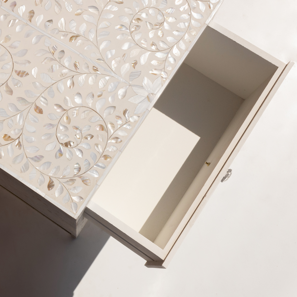 White Mother of Pearl Inlay Bedside Chest with 2 Drawers