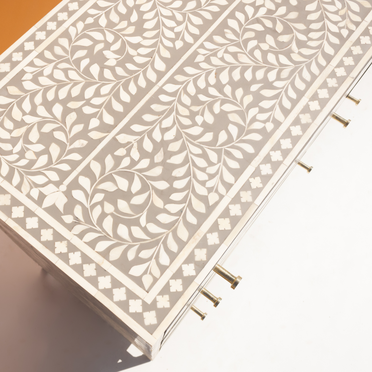 Luxury Grey Bone Inlay Chest of 6 Drawers with Floral Design