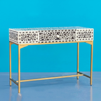 Regal Black & White Floral Bone Inlay Console Table with Gold-Finish Base