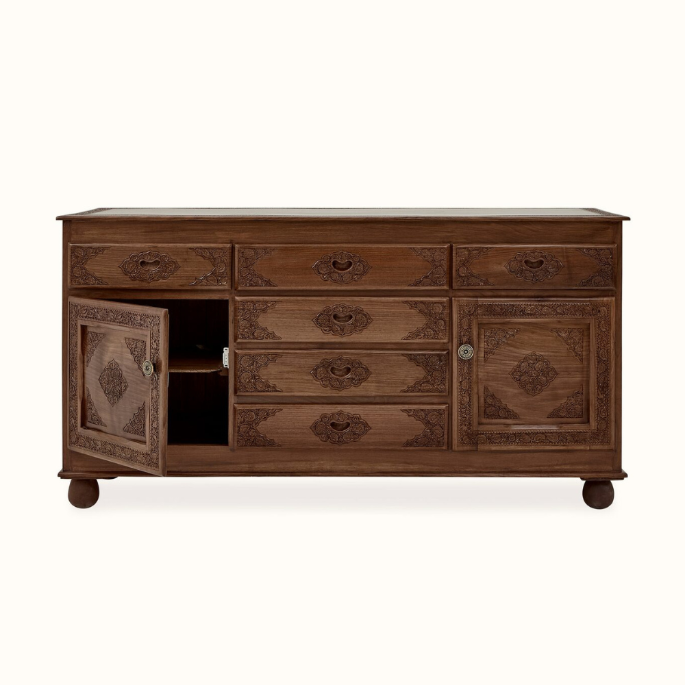 Rajwada Hand-Carved Wooden Sideboard – 6-Drawer & 2-Door Ornate Storage Cabinet