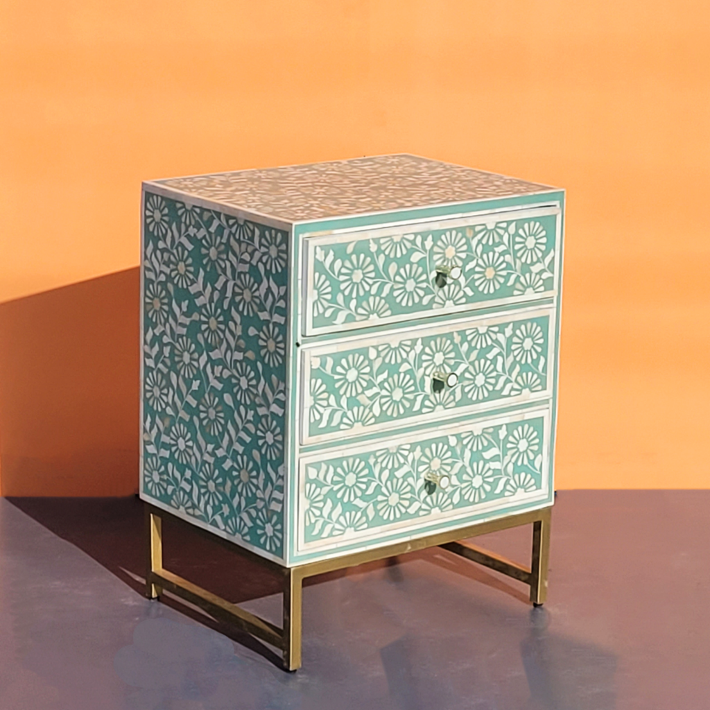 Sheesh Mahal Mint Green Floral Bone Inlay Chest of 3 Drawers