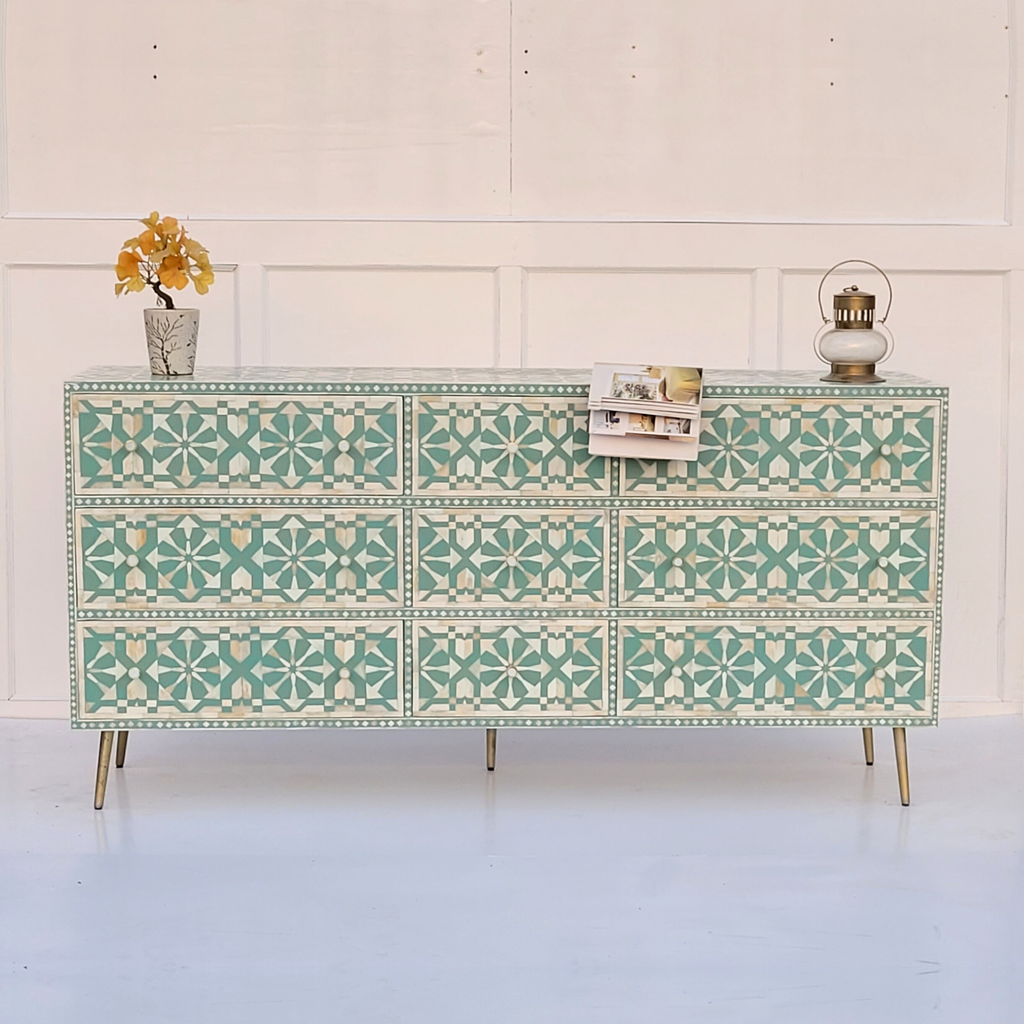 Moroccan Bone Inlay Sage Green 9 Drawers Sideboard / Cabinet