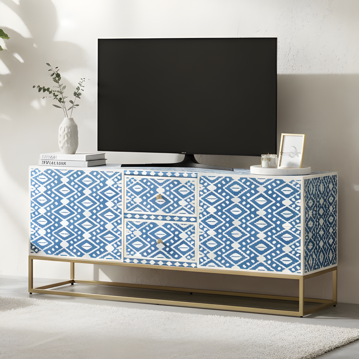 Bone Inlay TV Unit 2 Central Drawers with 2 Side Cabinets Metal Base