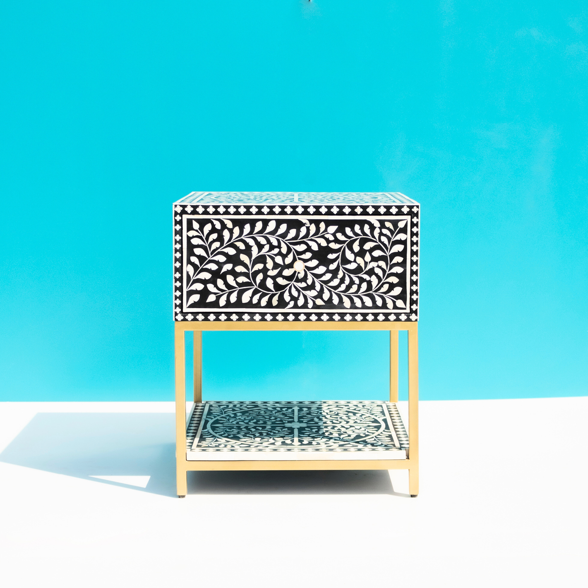 Classic Black & White Bone Inlay Bedside Table with Open Shelf