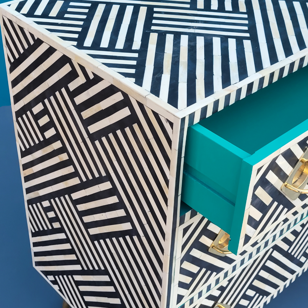 Optical Bone Inlay Chest of 9 Drawers with Metal Handles
