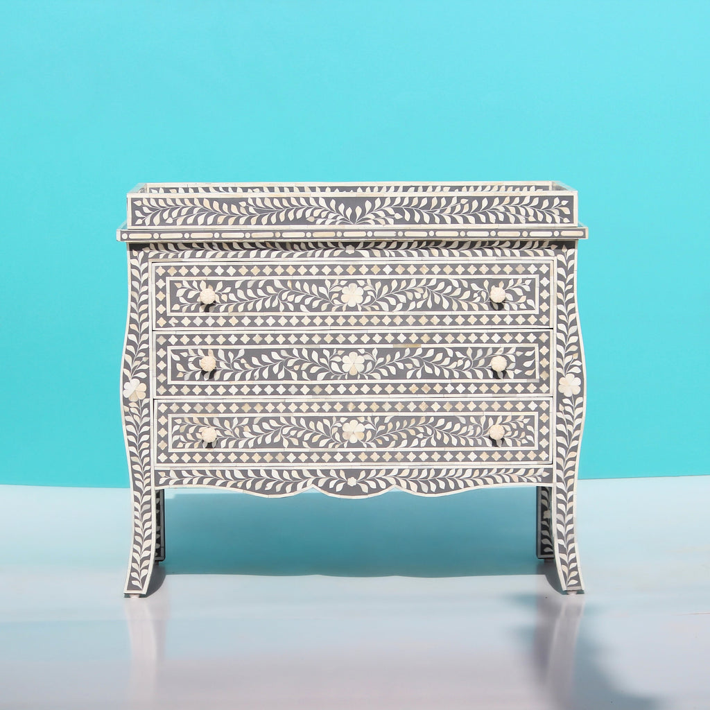 Virasat Grey & White Floral Bone Inlay Chest of 3 Drawer with French Colonial Curved Legs