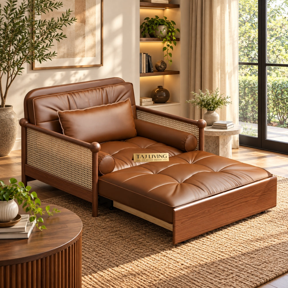 Rattan Weaving Armrests Leatherette Fabric Retro Sofa Bed with Underneath Storage