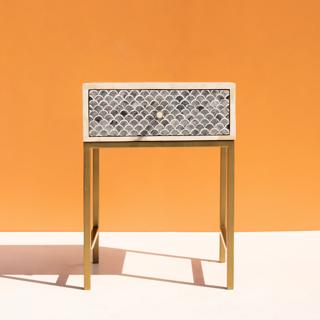 Stylish Grey Bone Inlay Bedside Table with Brass Finish Legs Main Image