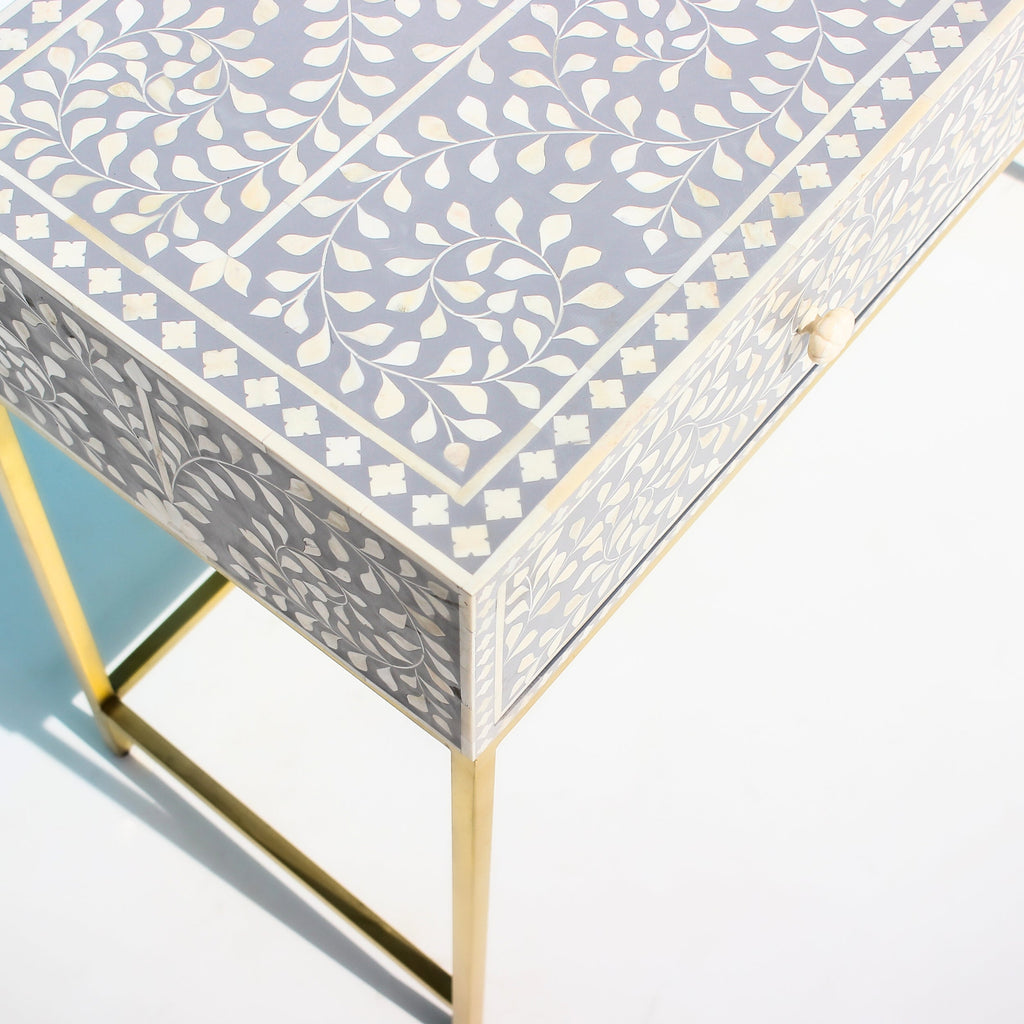 Mehrang Grey Floral Scroll Bone Inlay Console Table with Brass-Finish Frame – 2 Drawer