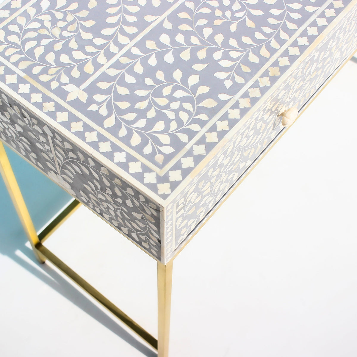 Mehrang Grey Floral Scroll Bone Inlay Console Table with Brass-Finish Frame – 2 Drawer