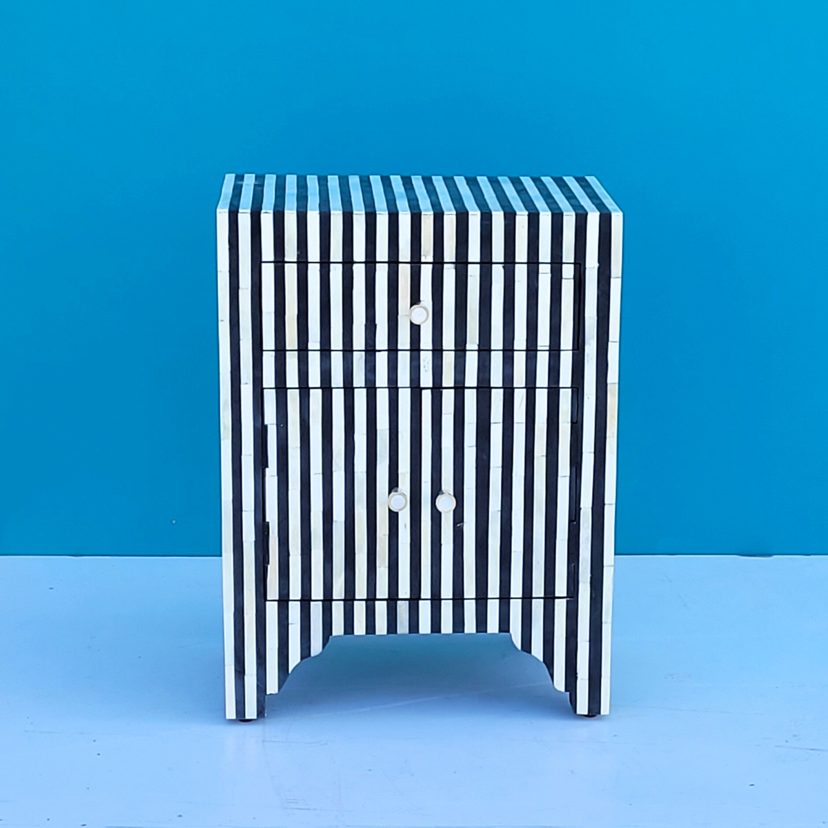 Keshari Black And White Striped Pattern Bone Inlay 2 Drawers Bedside Table