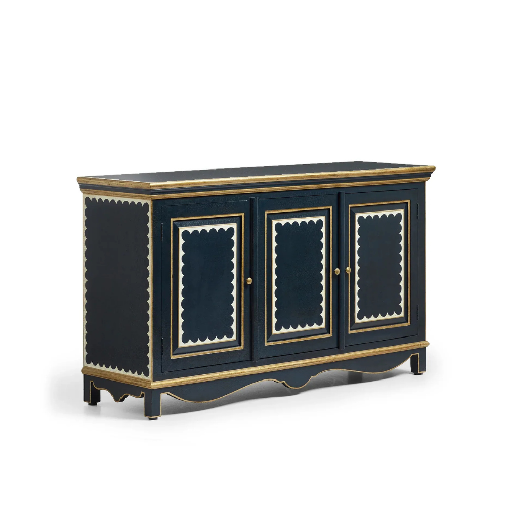 Virasat Hand-Painted Midnight Blue Solid Mango Wood Sideboard – 3 Door Storage Cabinet