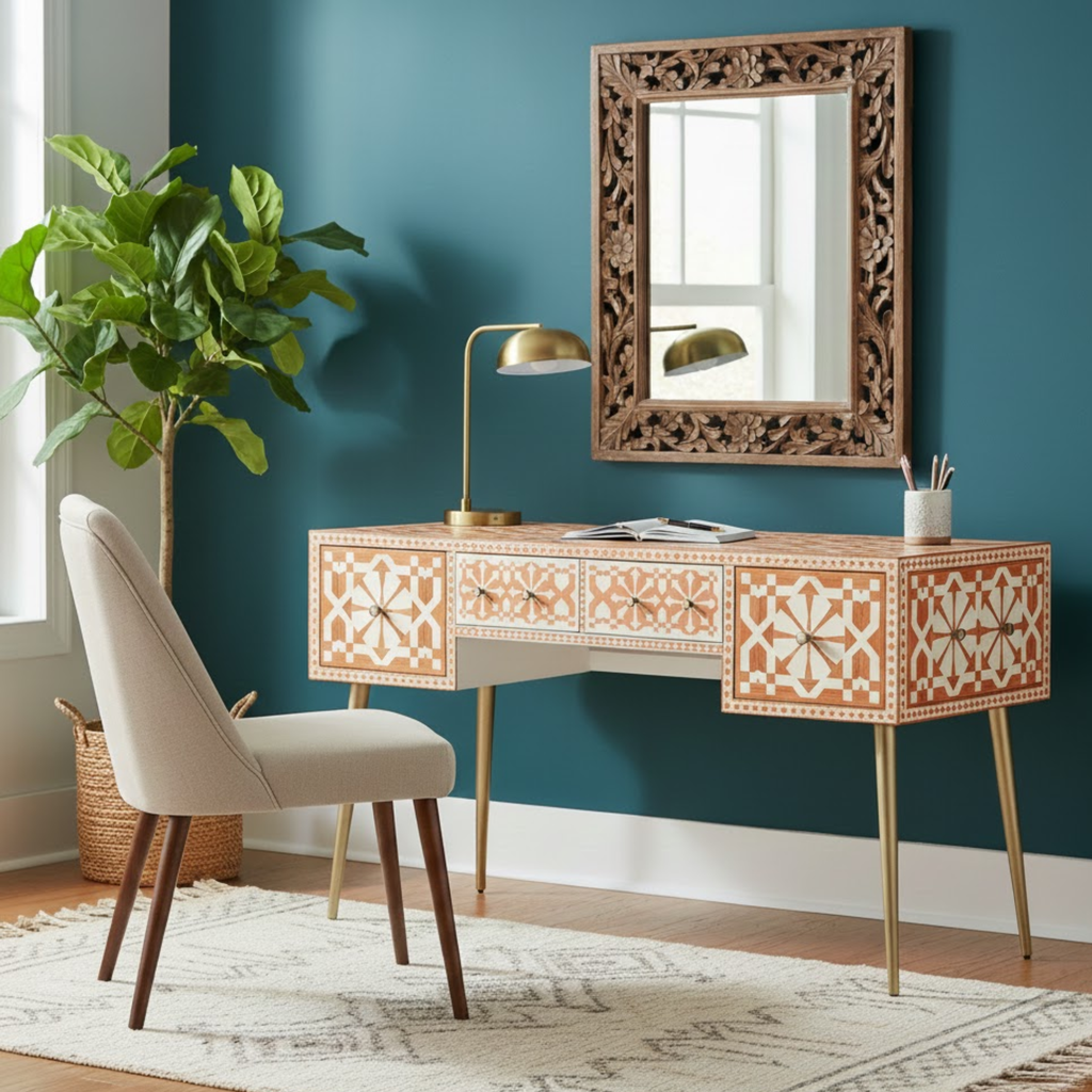 Bone Inlay 2 Drawers Study Office Desk Moroccan Pattern