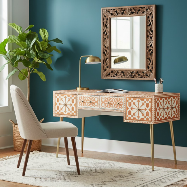 Bone Inlay 2 Drawers Study Office Desk Moroccan Pattern Hover Image