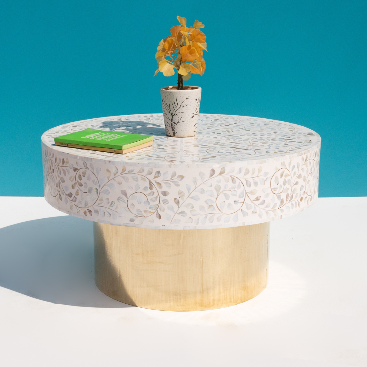 Luxury Mother of Pearl Inlay Round Coffee Table with Brass Base
