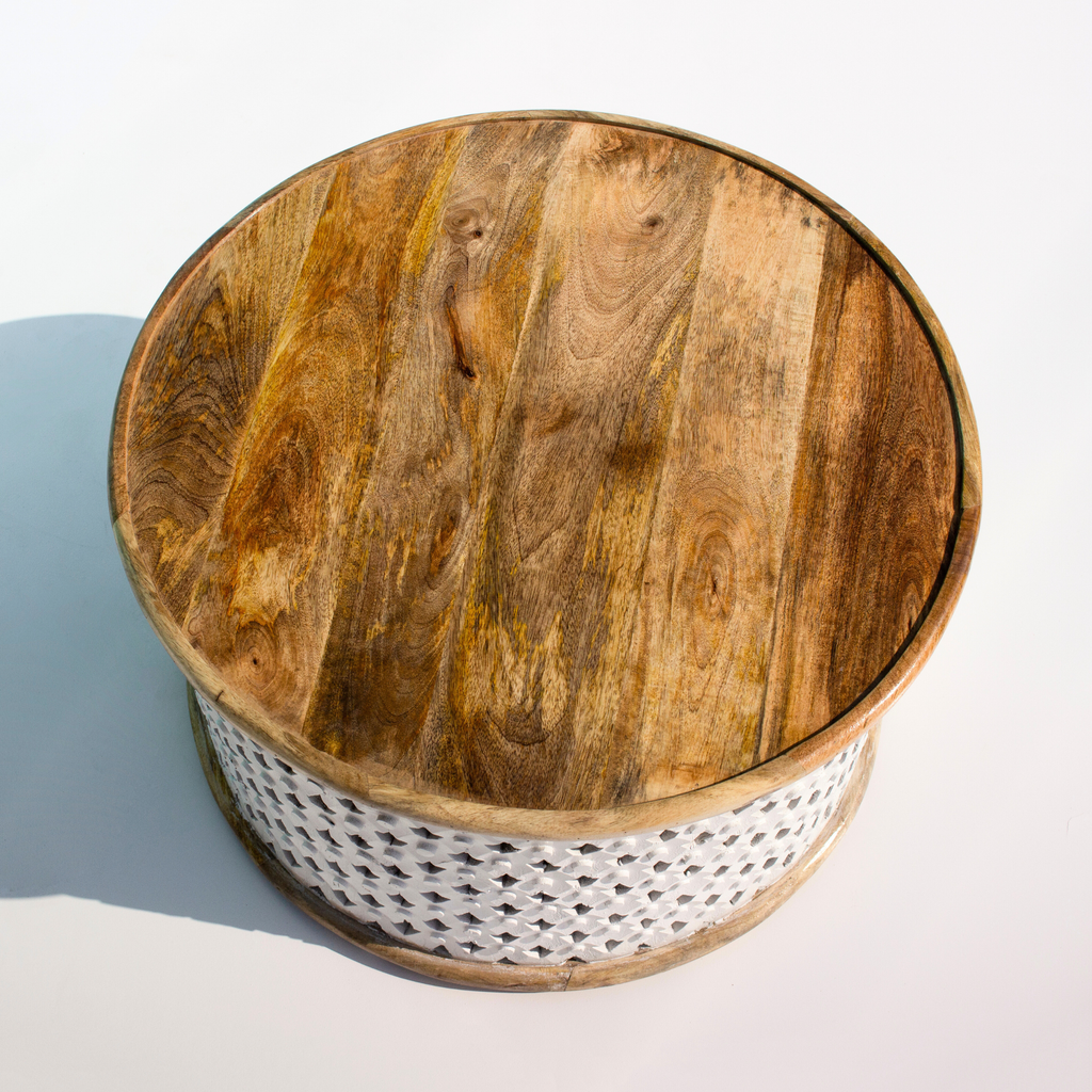 Ivory Carved Diamond Pattern Round Coffee Table with Natural Wood Top
