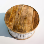 Ivory Carved Diamond Pattern Round Coffee Table with Natural Wood Top