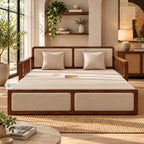 Vaastu 3-Seater Teak Wood Sofa Cum Bed in Premium Upholstery with Cane Weaving & Brass Accents