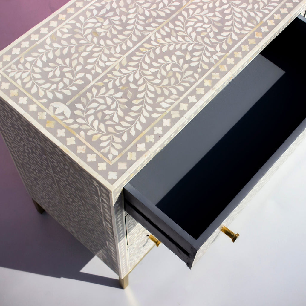 Ivory Floral Bone Inlay 6-Drawer Chest with Gold-Finish Metal Legs