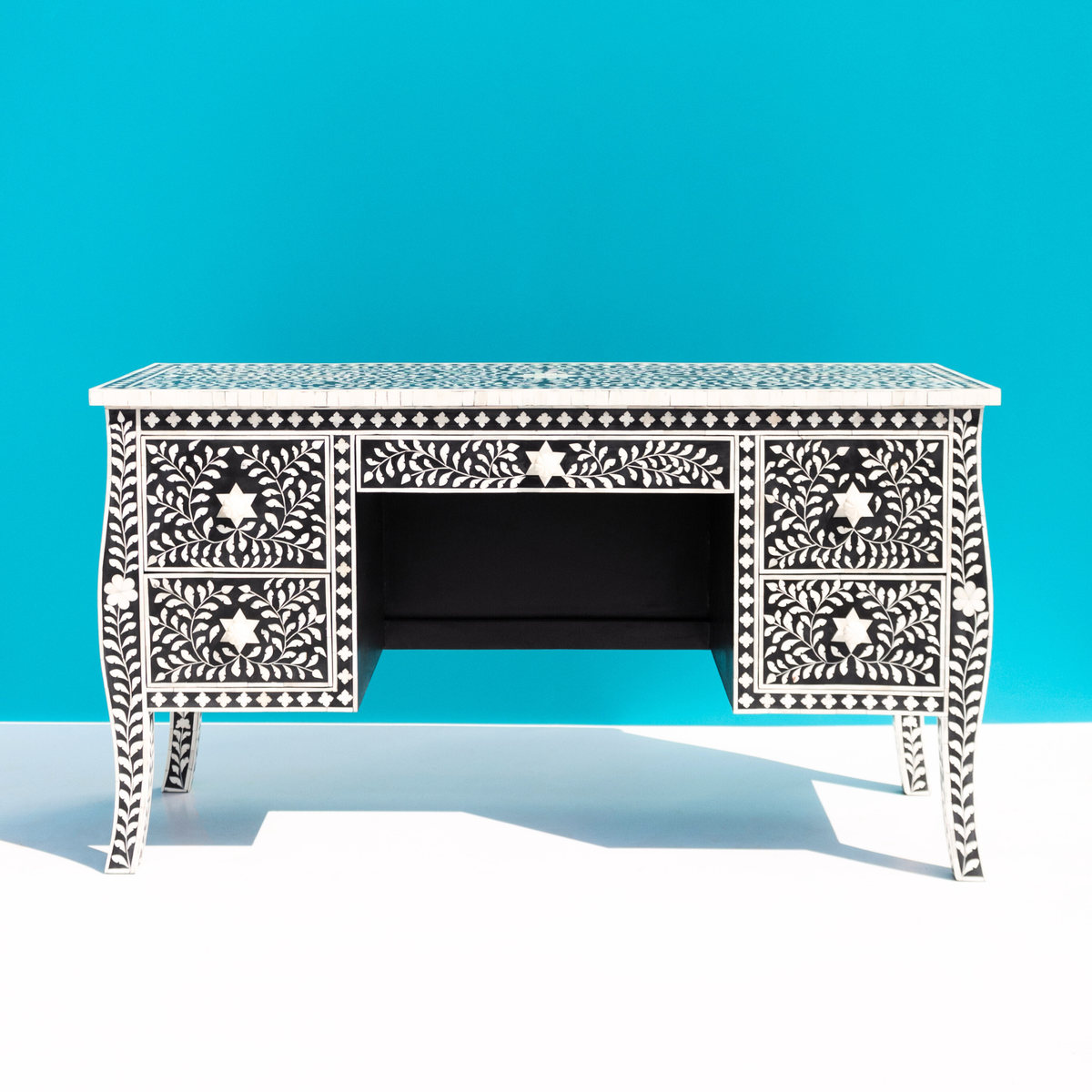 Sheesh Mahal Black Floral Bone Inlay 5-Drawer Office/Home Desk