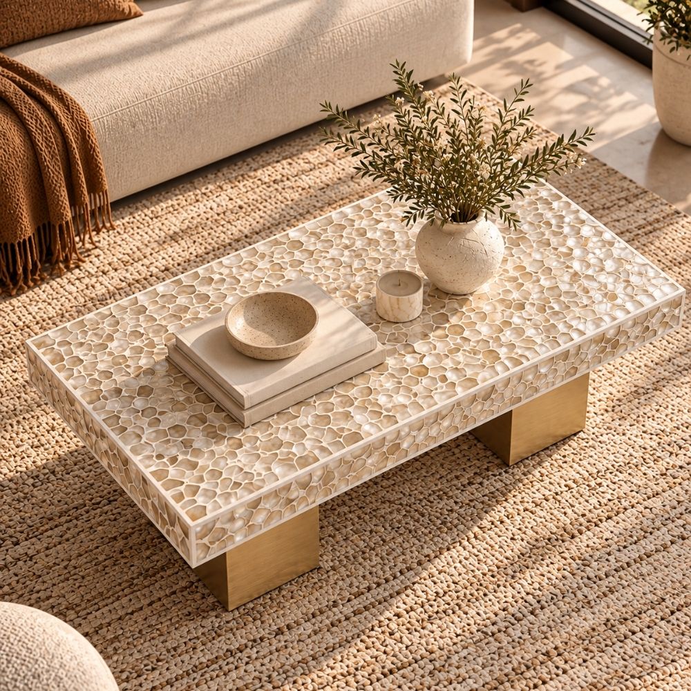 Mother of Pearl Inlay Rectangular Coffee Table, Luxury Modern Center Table