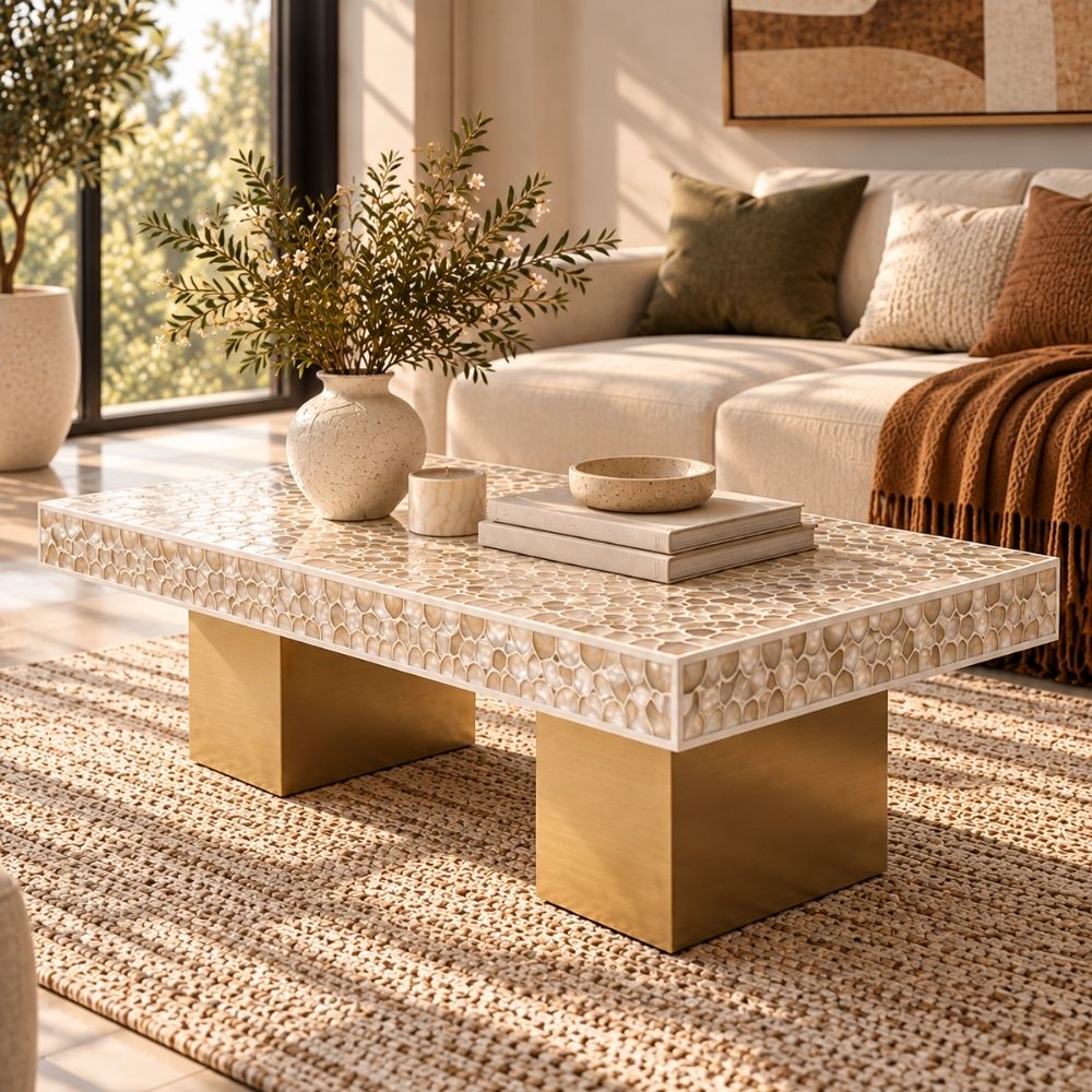 Mother of Pearl Inlay Rectangular Coffee Table, Luxury Modern Center Table