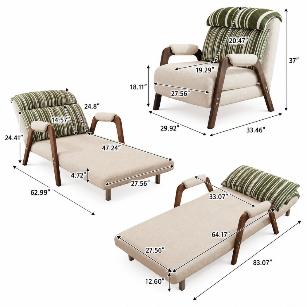 Beige 3-in-1 Cotton Linen Foldable Reclining Sofa Bed