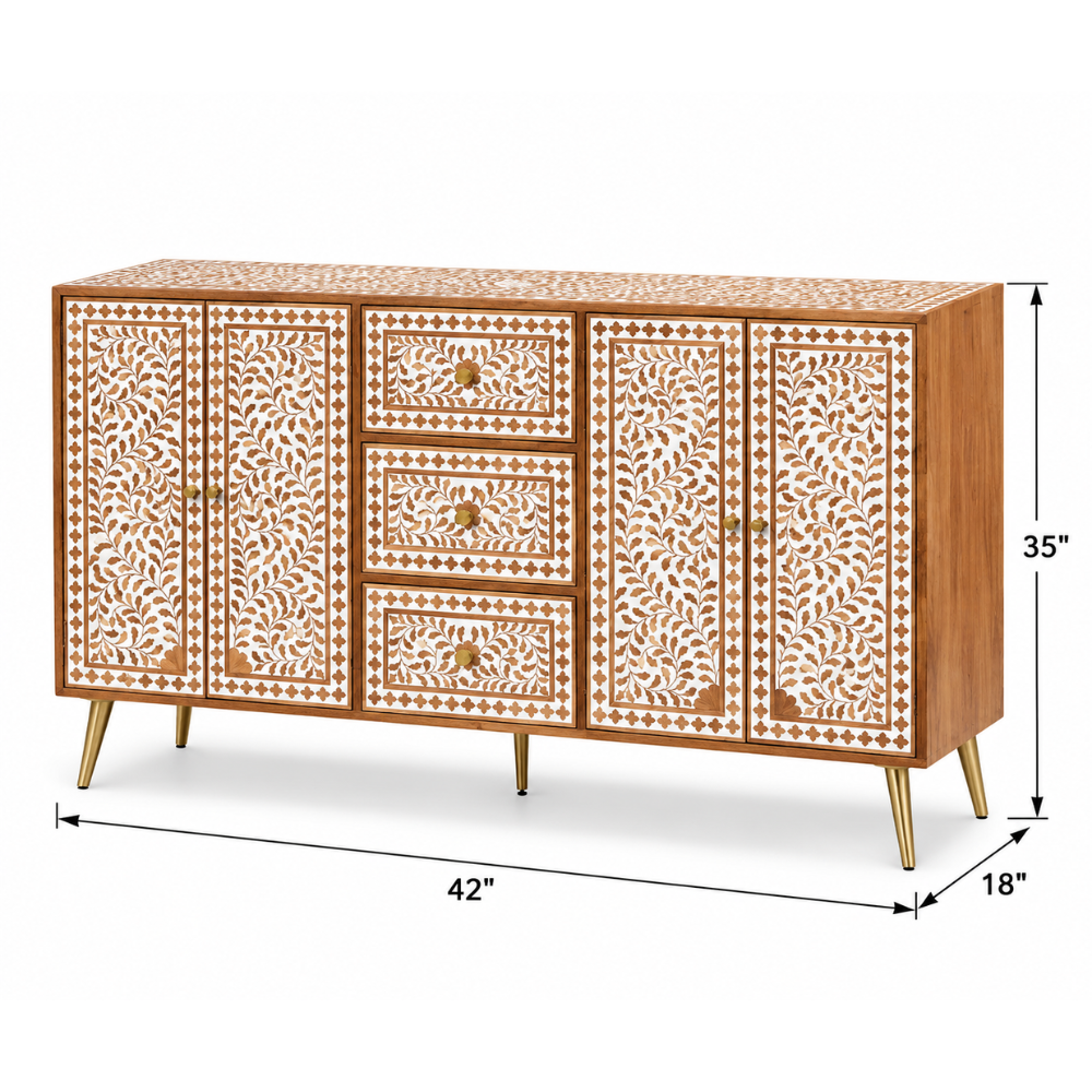 Rooprekha Floral Pattern Wooden Inlay 4-door and 3 drawers cabinet
