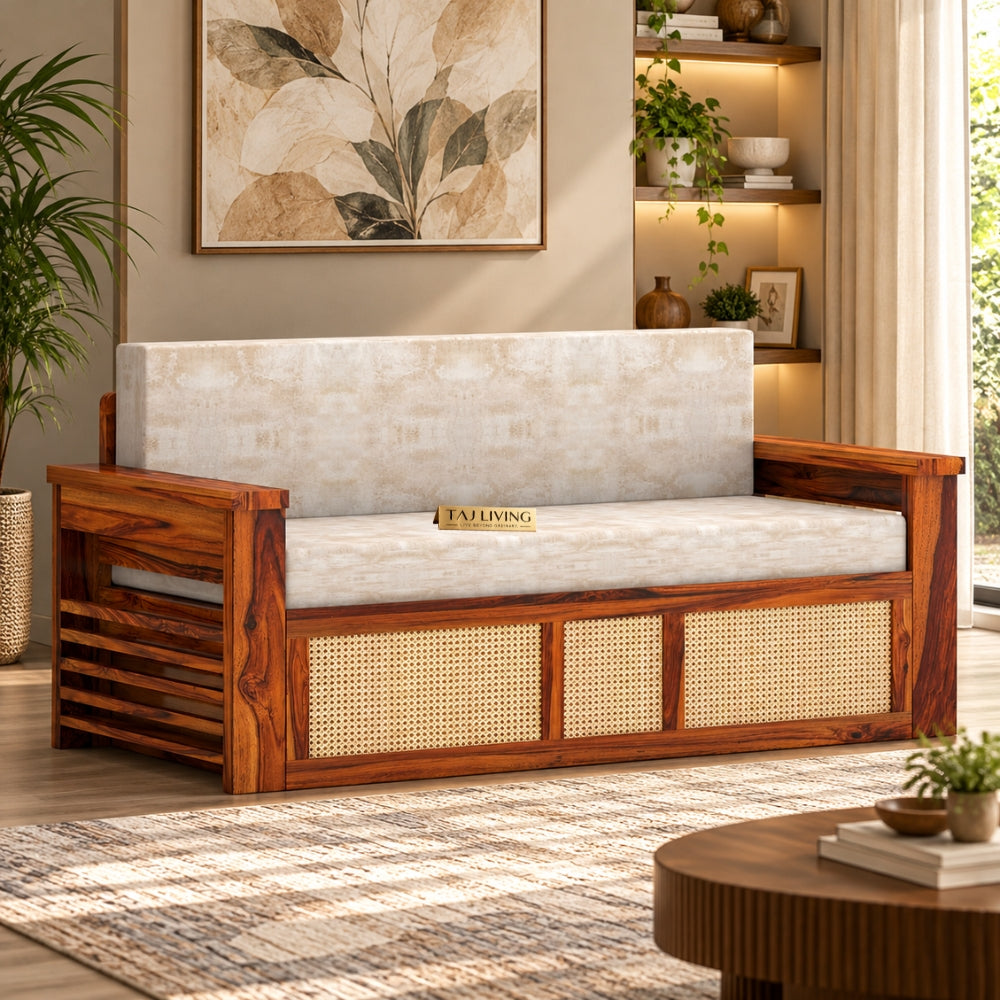 Samrat Wood Sofa Cum Bed with Cane Rattan Design (Honey Finish)