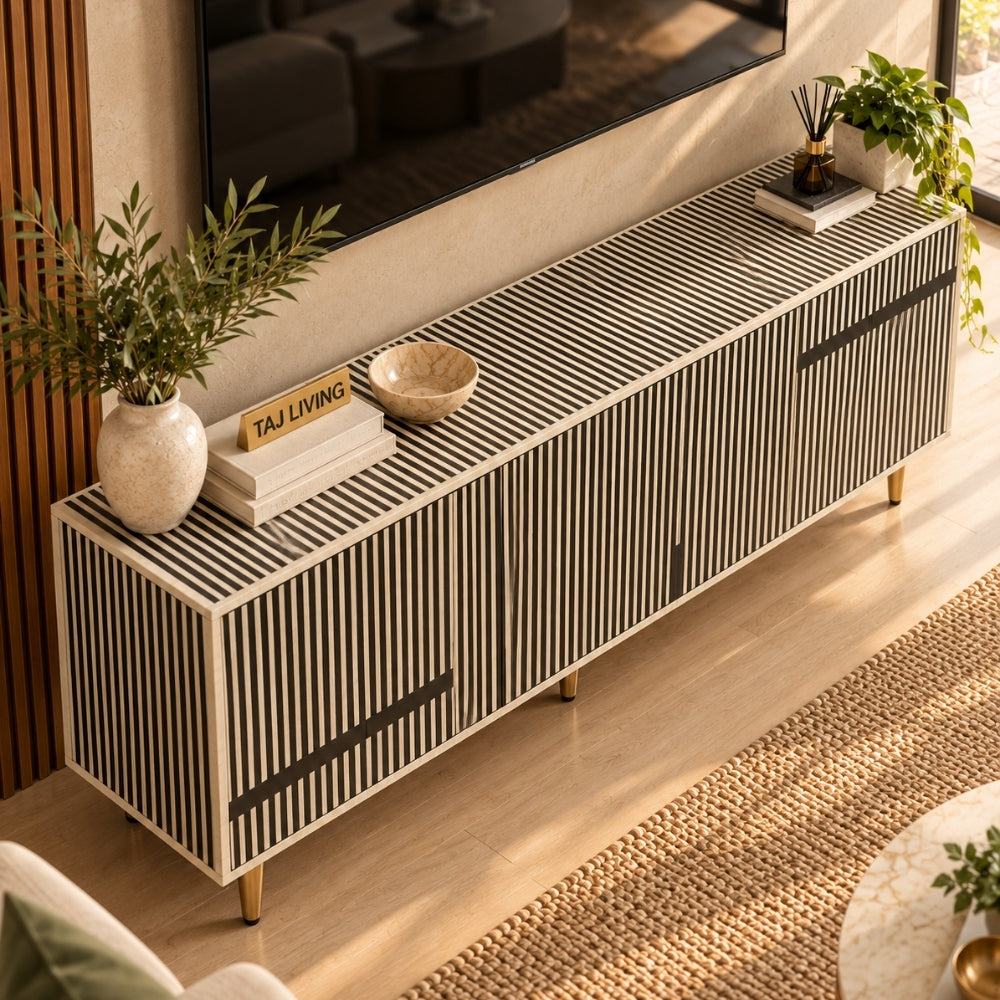 Black & White Bone Inlay 3 Door TV Unit Media Cabinet