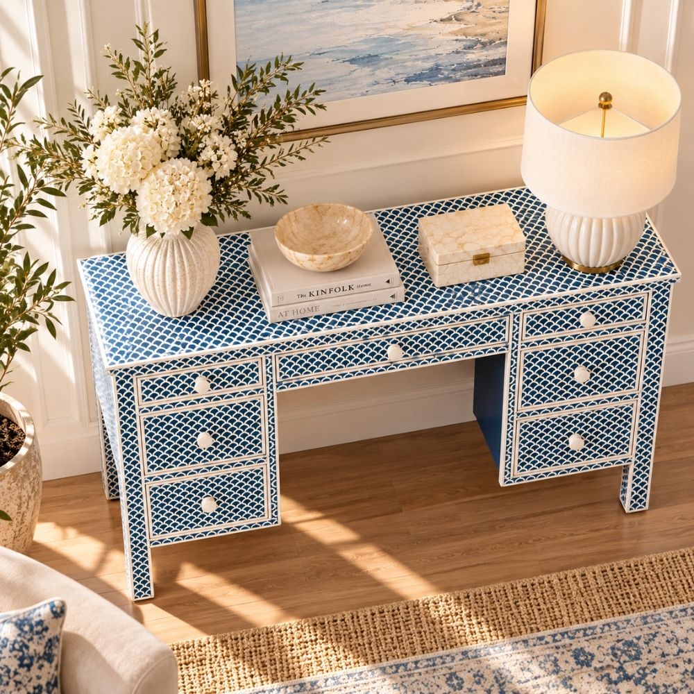 Morgan Bone Inlay 7 Drawers Console Table