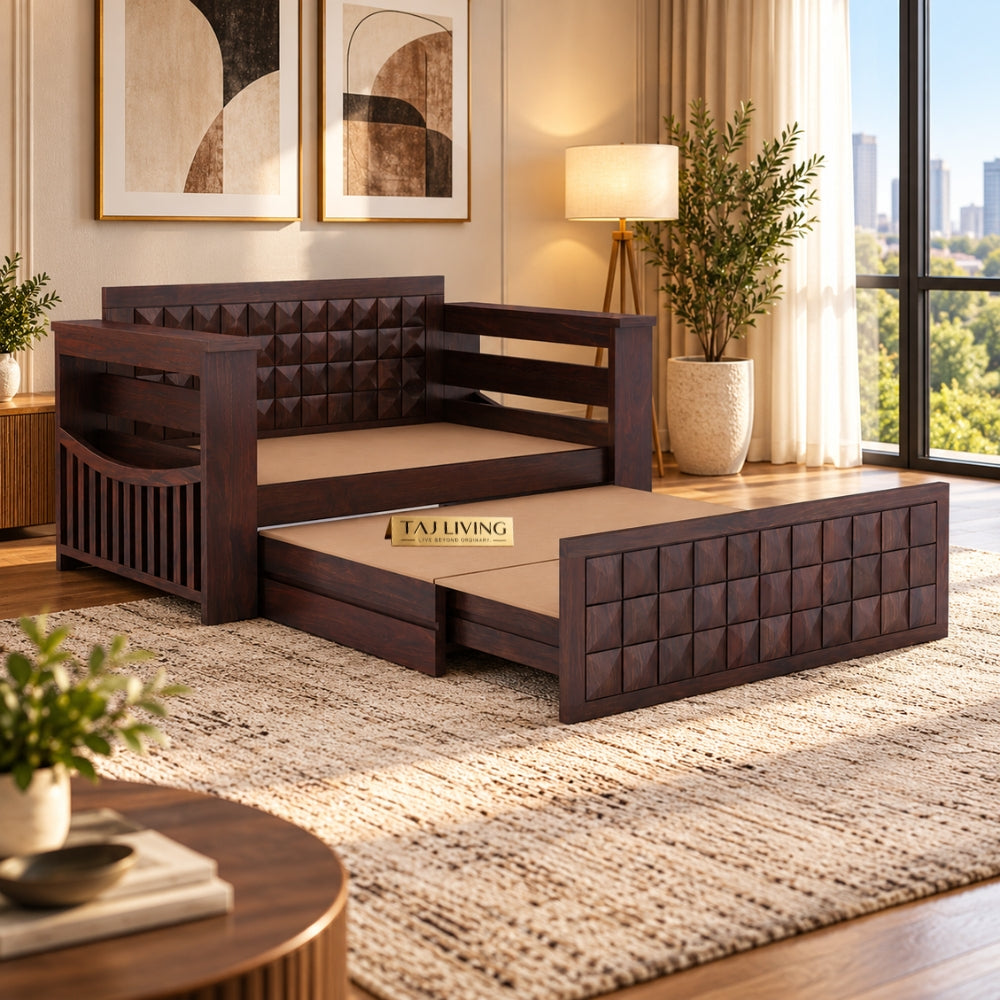 Sheesham Wood 2 Seater Walnut Sofa Cum Bed