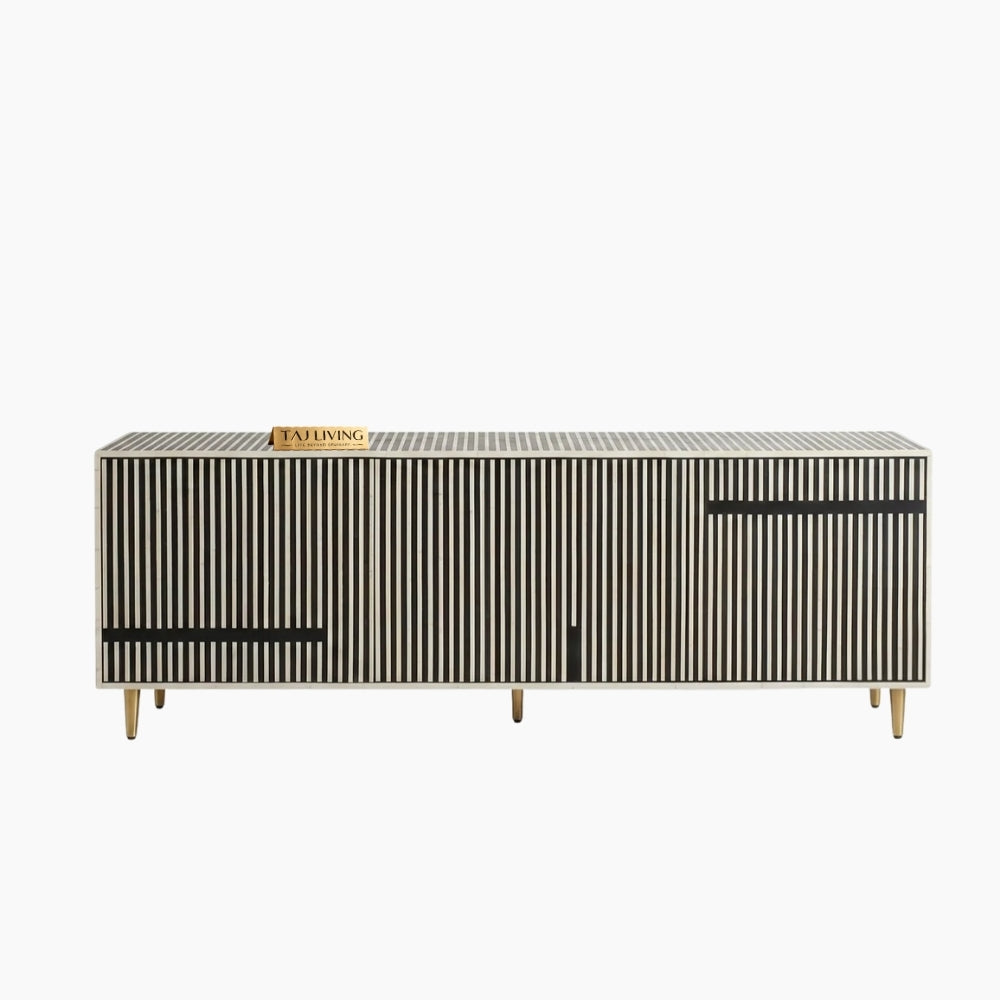 Black & White Bone Inlay 3 Door TV Unit Media Cabinet
