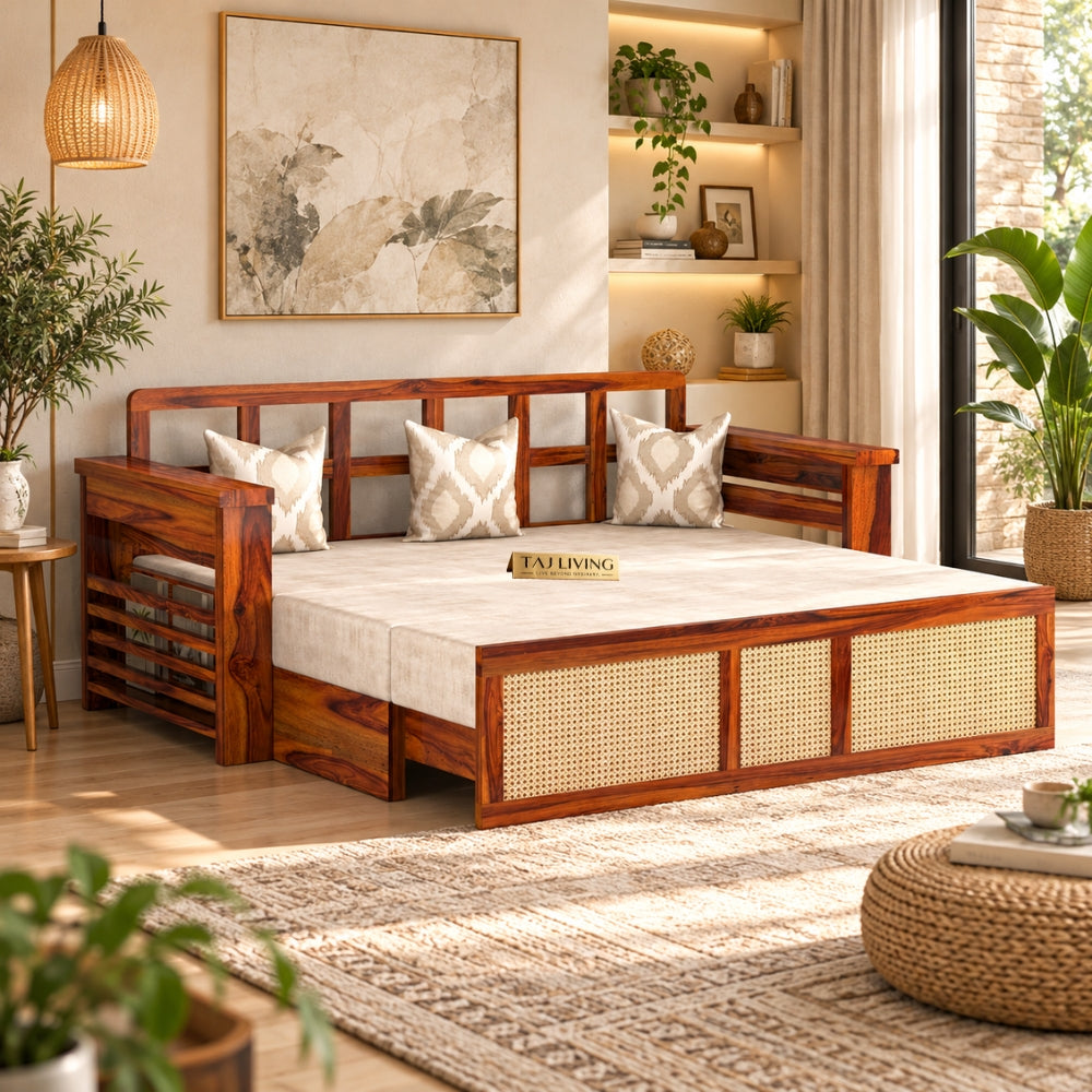 Samrat Wood Sofa Cum Bed with Cane Rattan Design (Honey Finish)