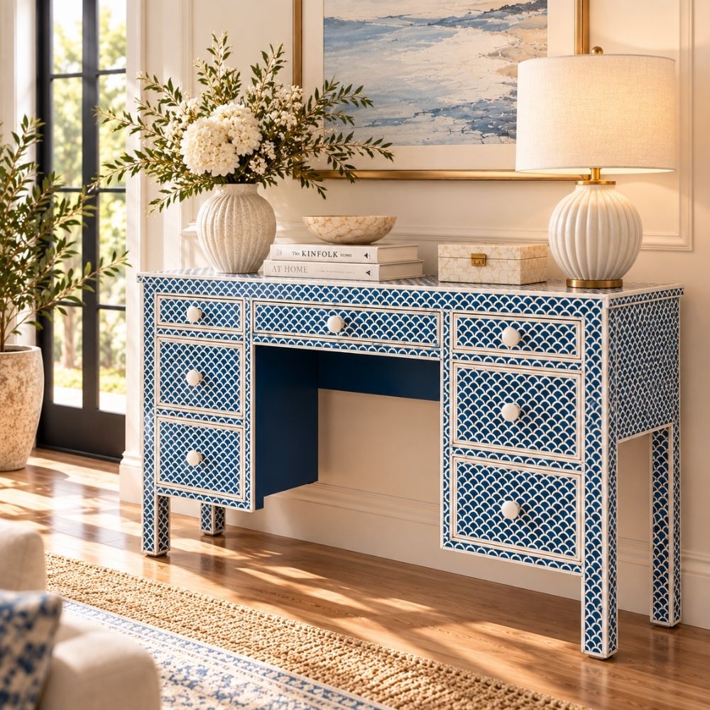 Morgan Bone Inlay 7 Drawers Console Table