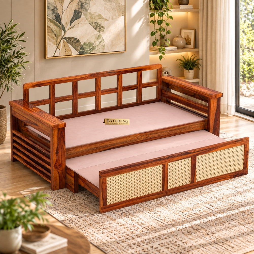 Samrat Wood Sofa Cum Bed with Cane Rattan Design (Honey Finish)