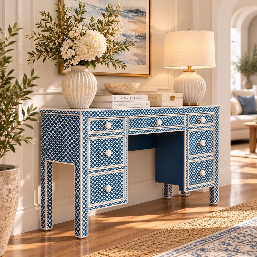 Morgan Bone Inlay 7 Drawers Console Table