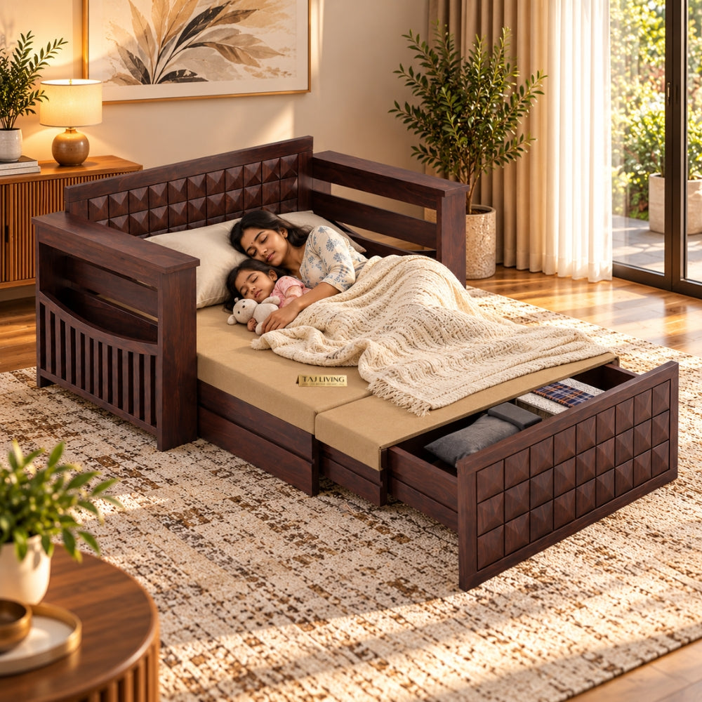 Sheesham Wood 2 Seater Walnut Sofa Cum Bed