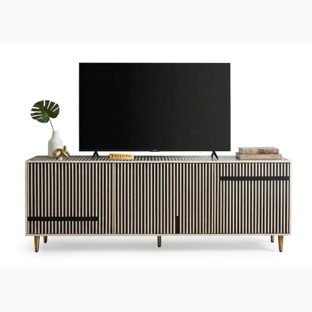 Black & White Bone Inlay 3 Door TV Unit Media Cabinet