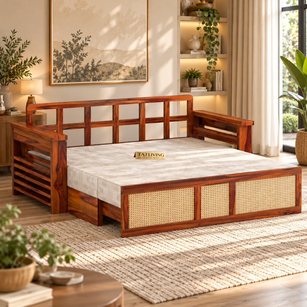 Samrat Wood Sofa Cum Bed with Cane Rattan Design (Honey Finish)