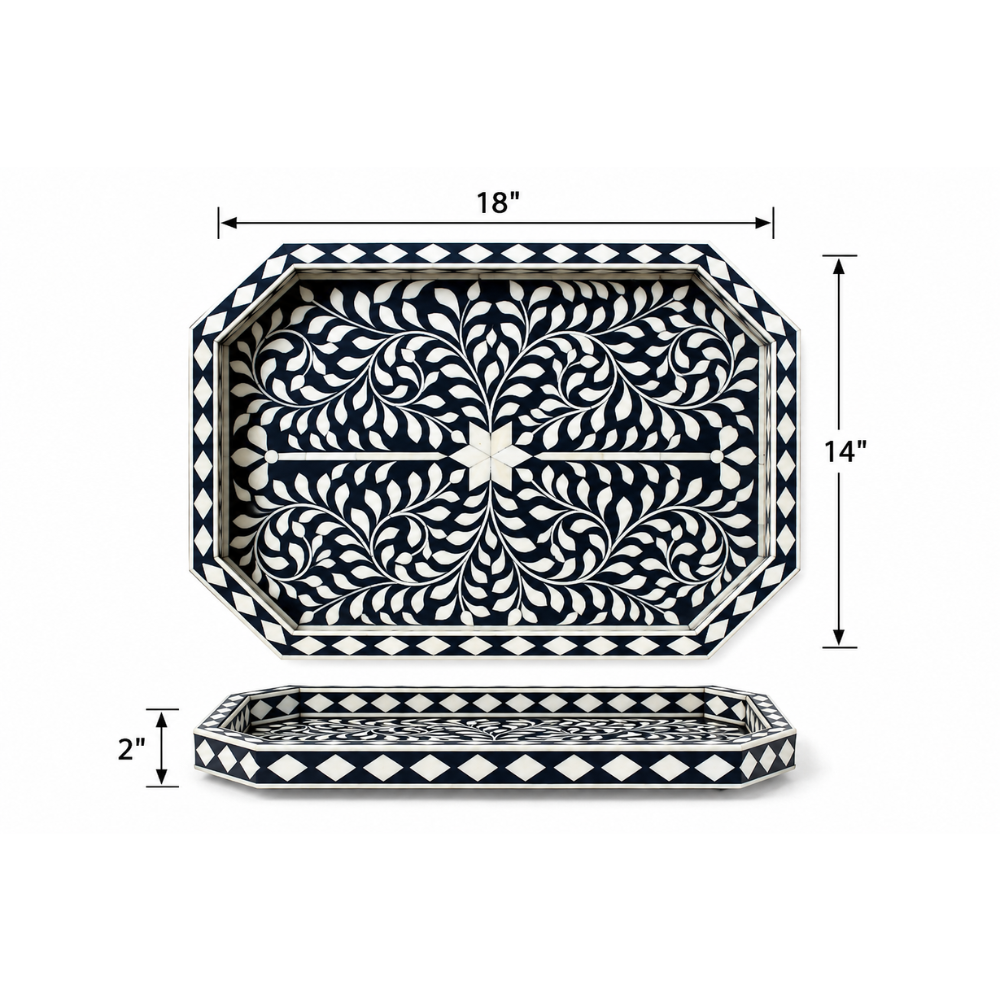 Rajdhara Handcrafted Black & White Bone Inlay Tray - Floral Finish